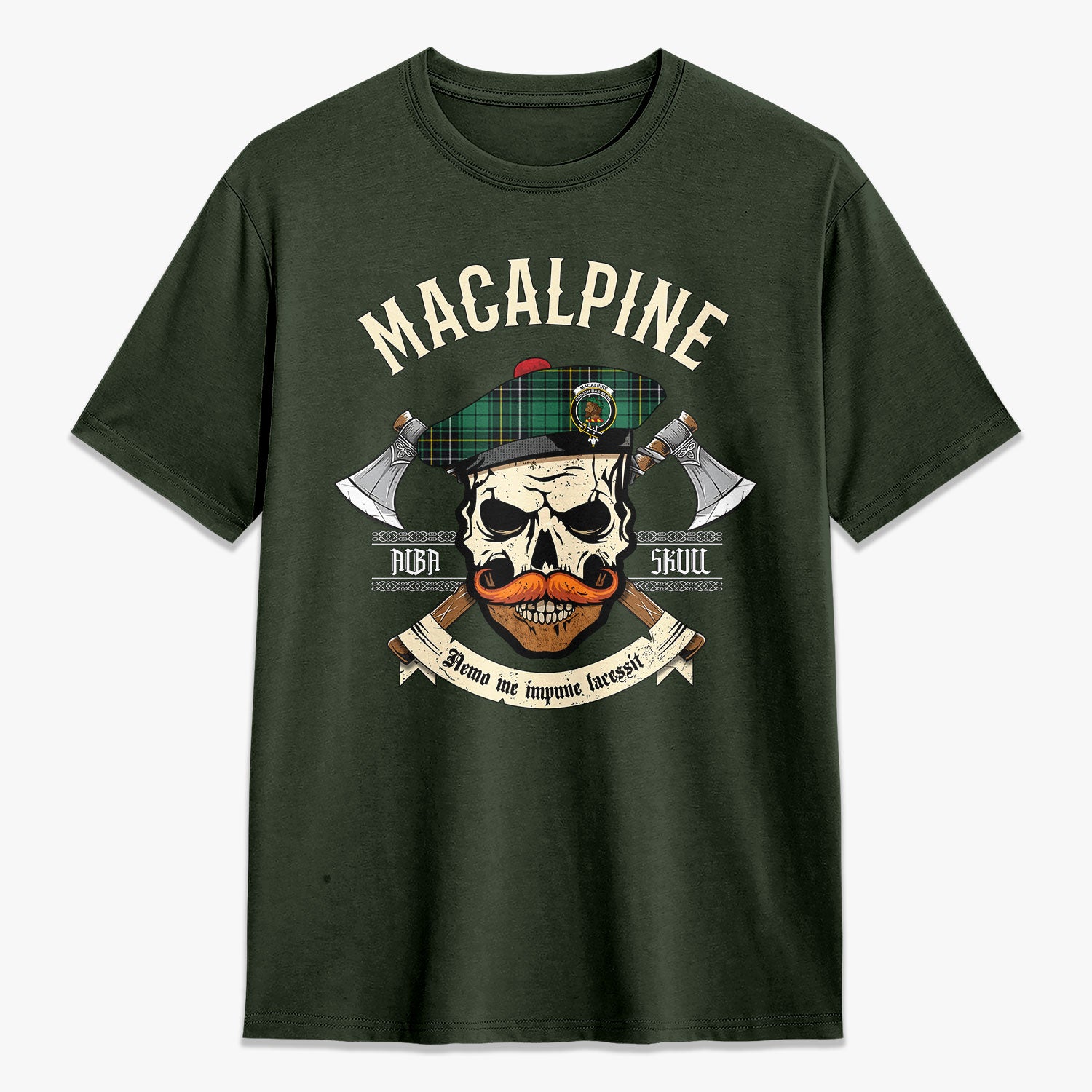 MacAlpine Ancient Tartan Crest 2D T-shirt - Alba Skull Style