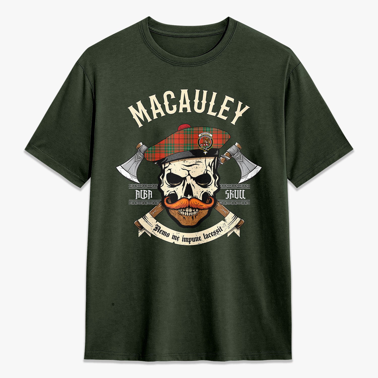 MacAuley Ancient Tartan Crest 2D T-shirt - Alba Skull Style