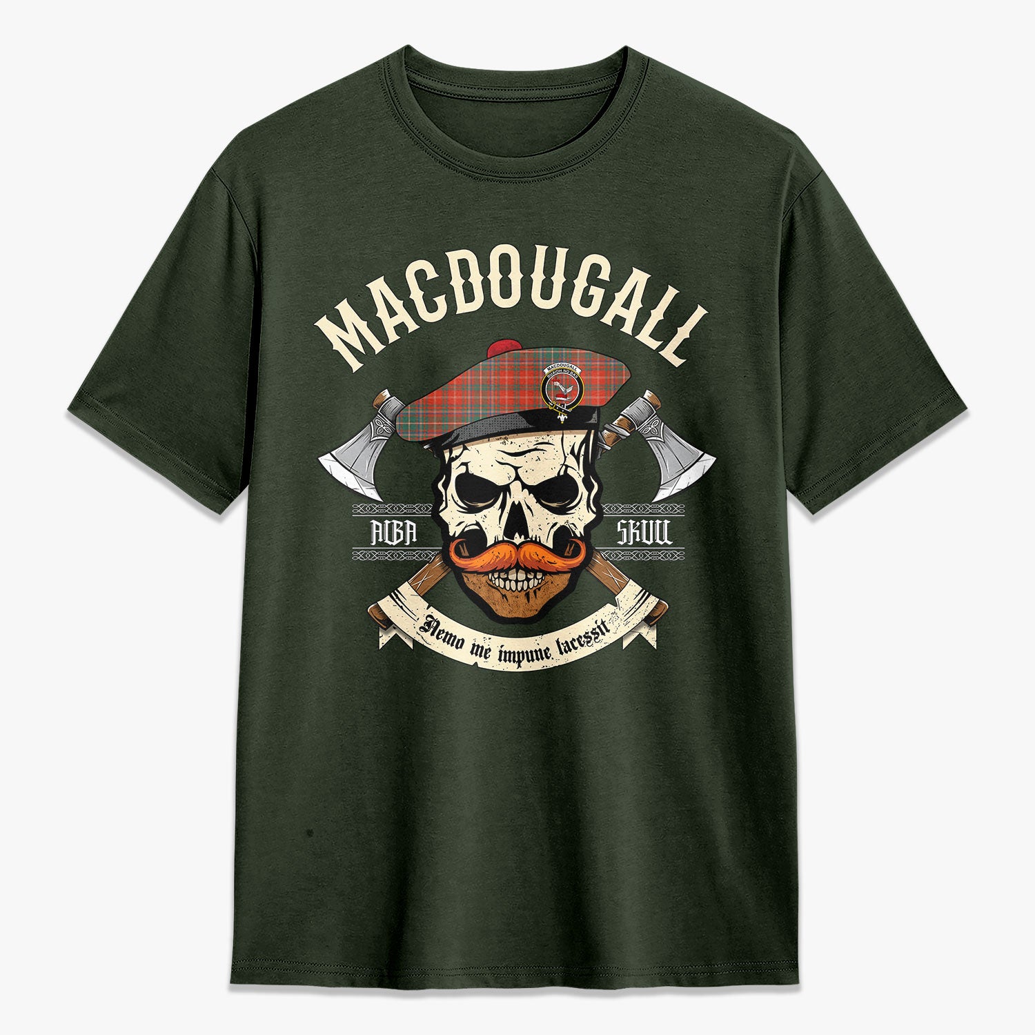 MacDougall Ancient Tartan Crest 2D T-shirt - Alba Skull Style