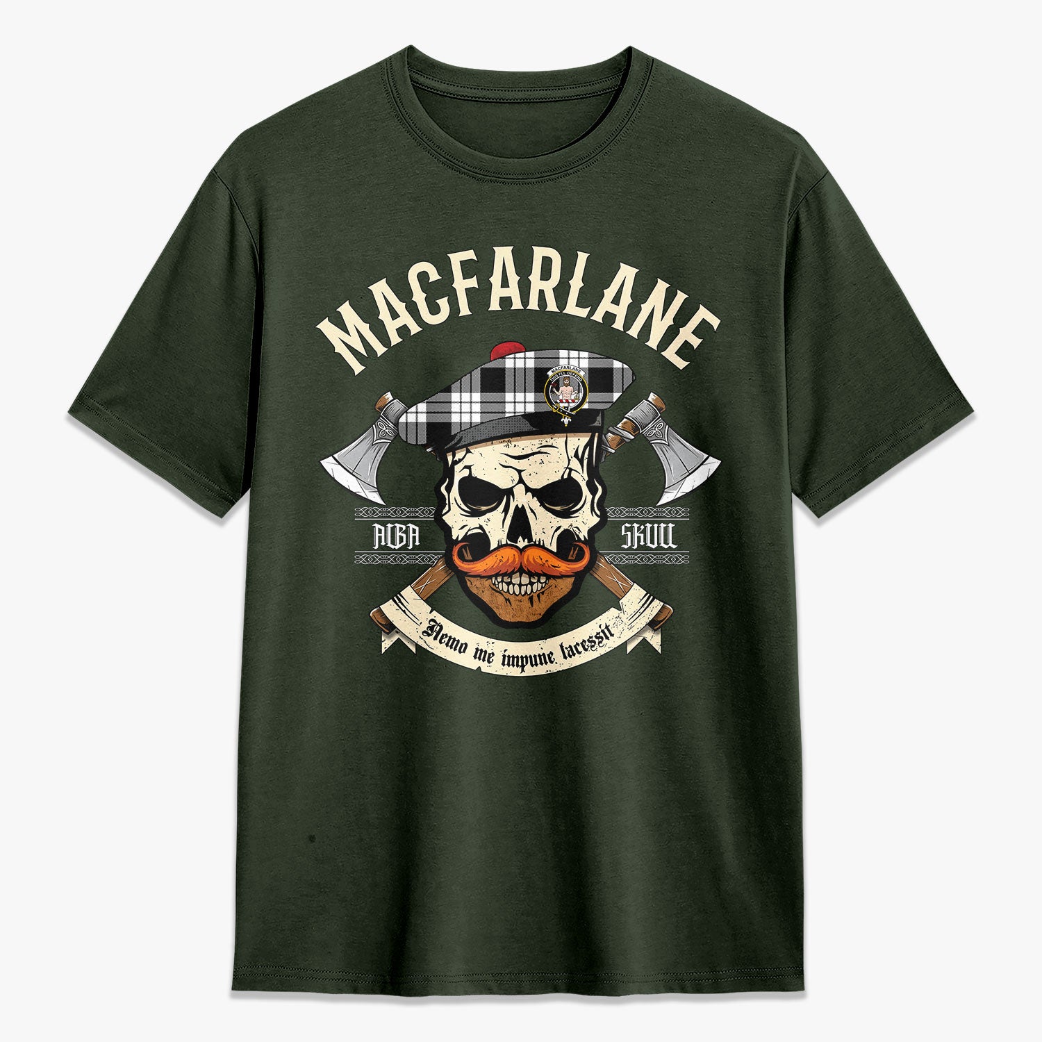 MacFarlane Black - White Tartan Crest 2D T-shirt - Alba Skull Style