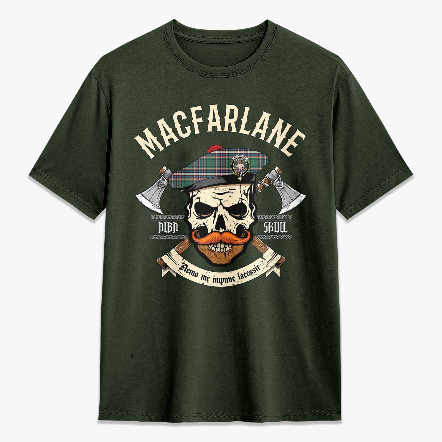 MacFarlane Hunting Ancient Tartan Crest 2D T-shirt - Alba Skull Style