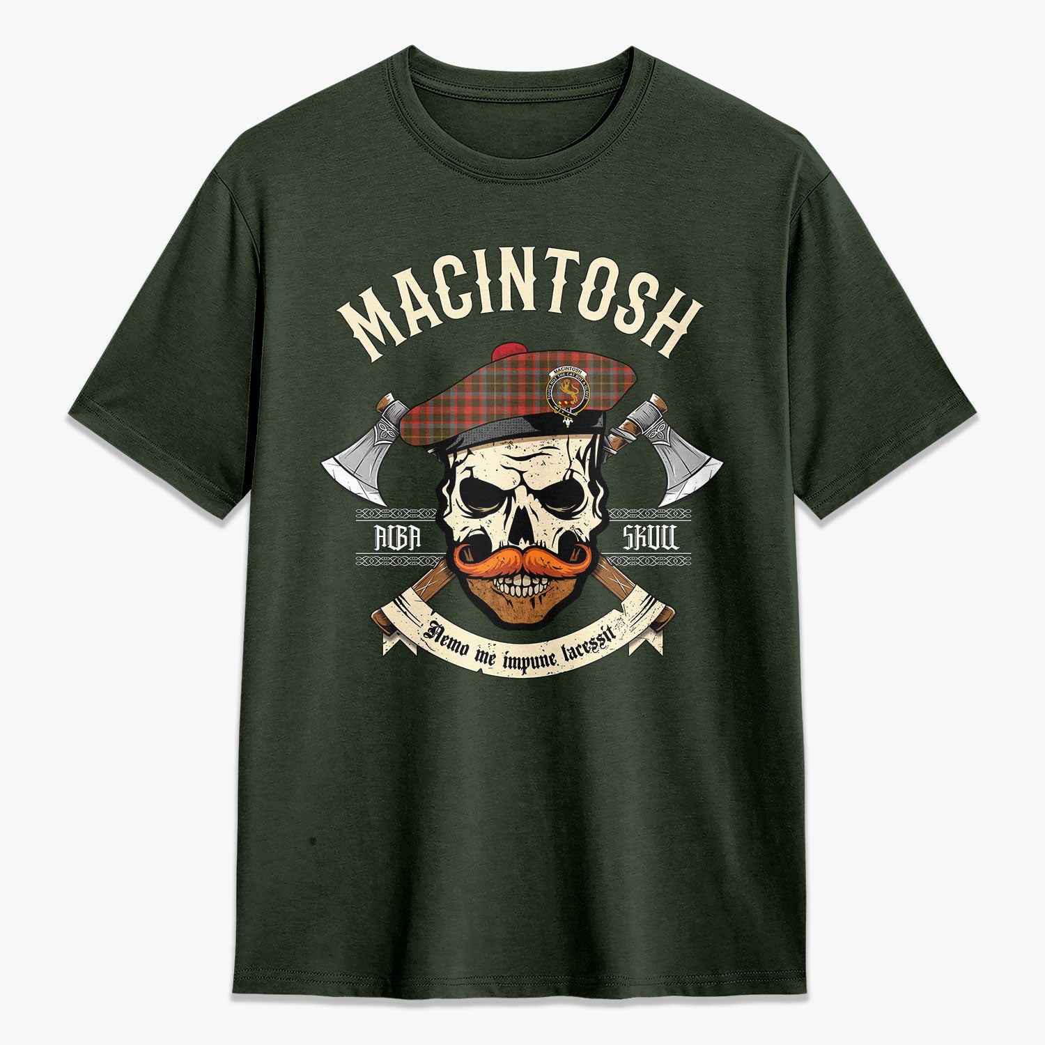 MacIntosh Hunting Weathered Tartan Crest 2D T-shirt - Alba Skull Style