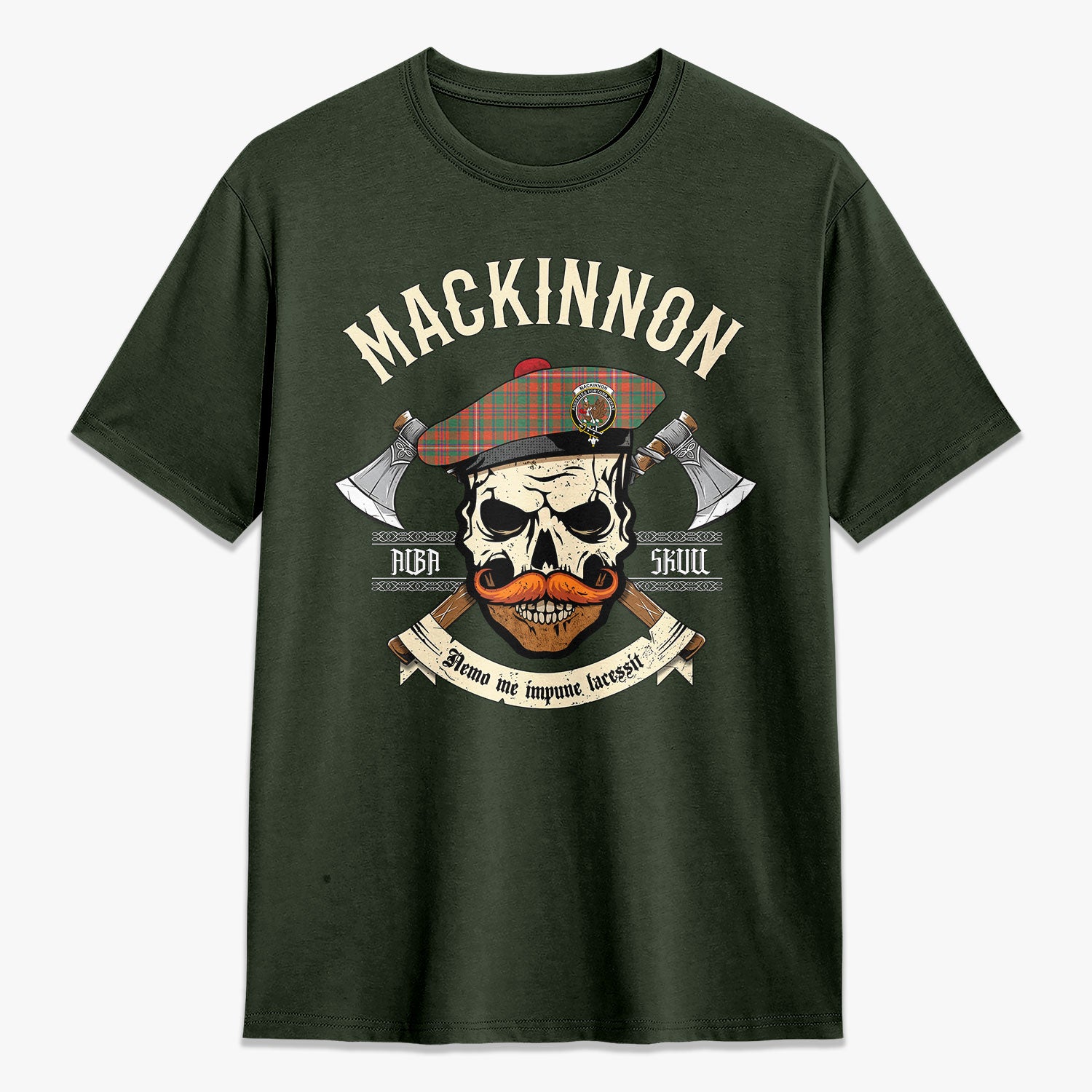 MacKinnon Ancient Tartan Crest 2D T-shirt - Alba Skull Style