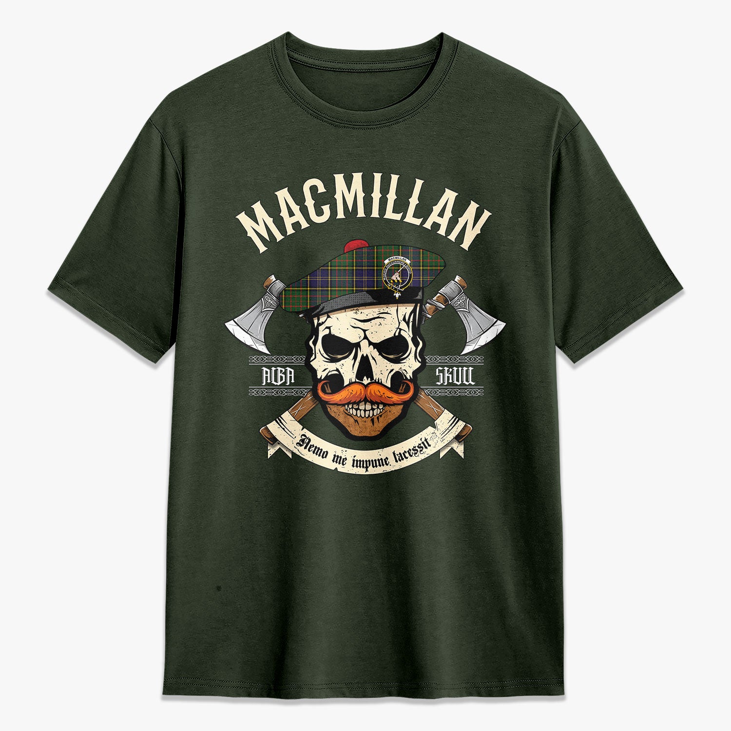 MacMillan Hunting Modern Tartan Crest 2D T-shirt - Alba Skull Style