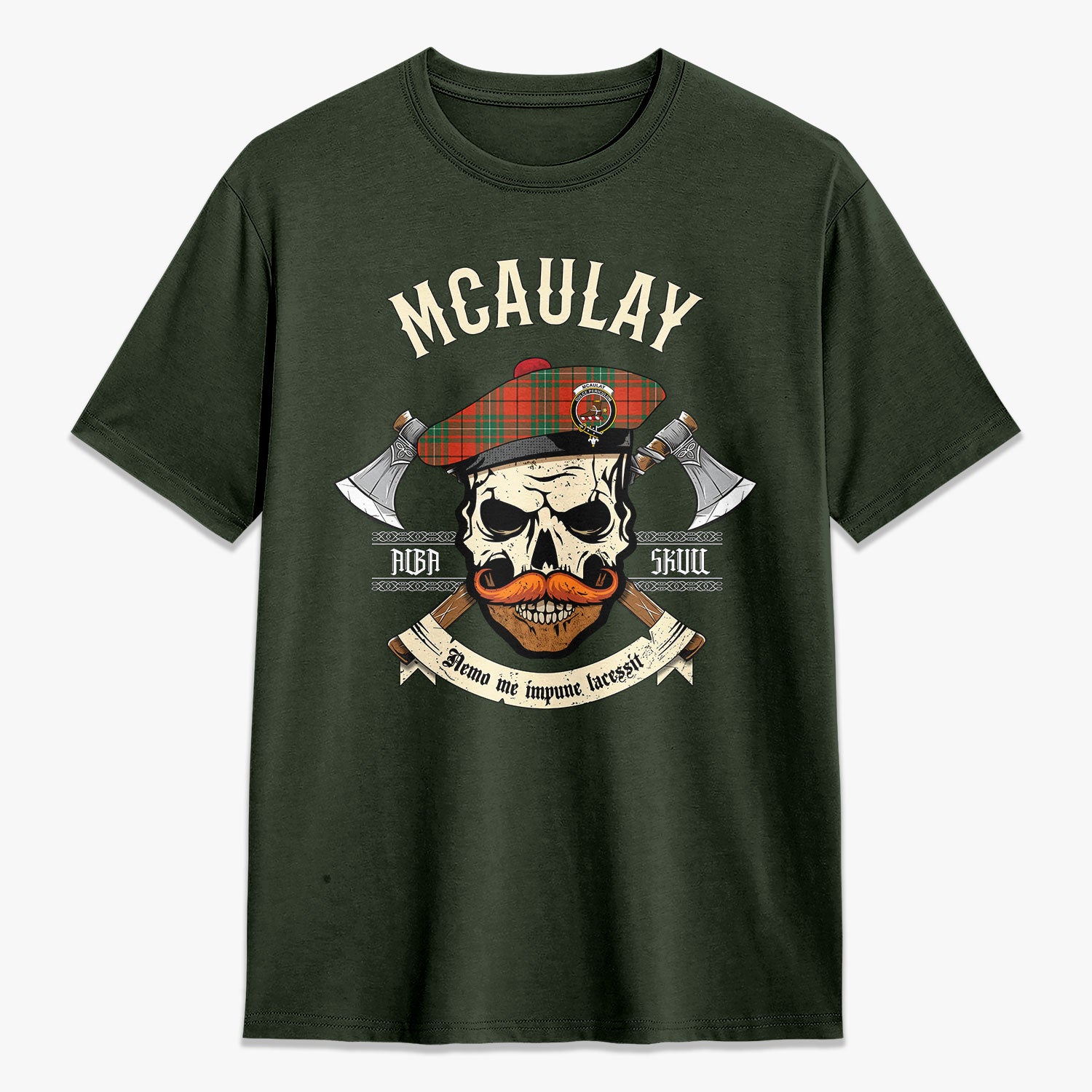 McAulay Ancient Tartan Crest 2D T-shirt - Alba Skull Style