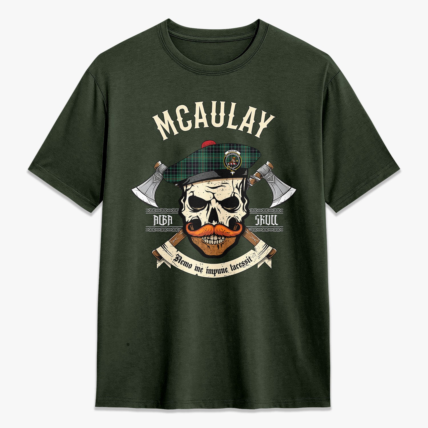 McAulay Hunting Ancient Tartan Crest 2D T-shirt - Alba Skull Style