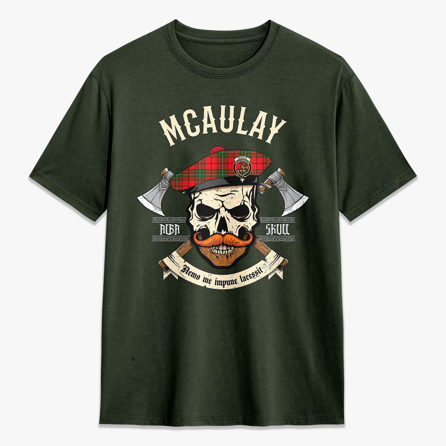 McAulay Modern Tartan Crest 2D T-shirt - Alba Skull Style