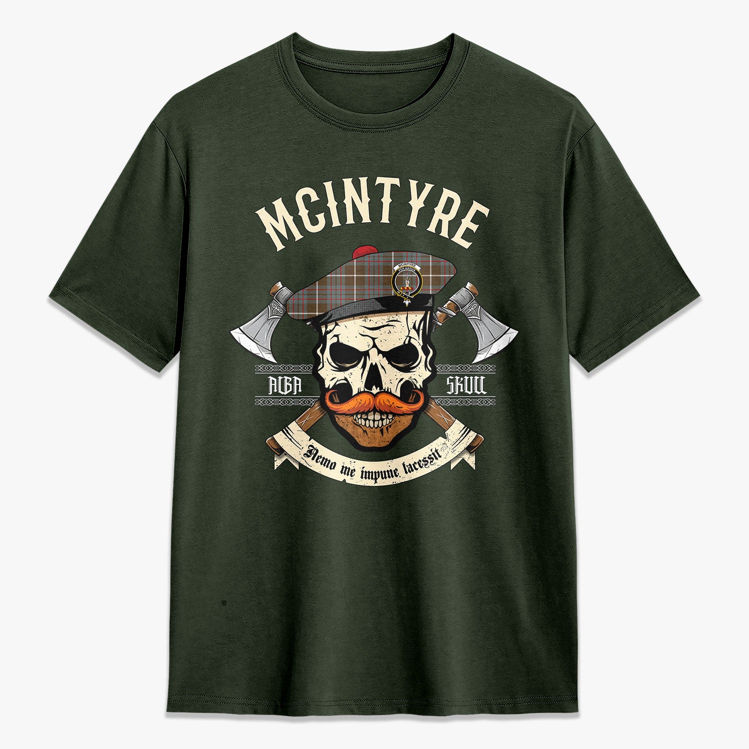 McIntyre Hunting Weathered Tartan Crest 2D T-shirt - Alba Skull Style