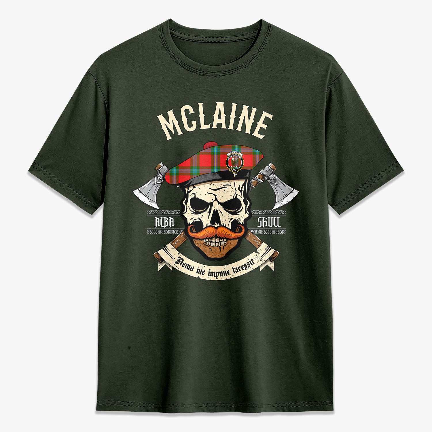 McLaine of Loch Buie Tartan Crest 2D T-shirt - Alba Skull Style