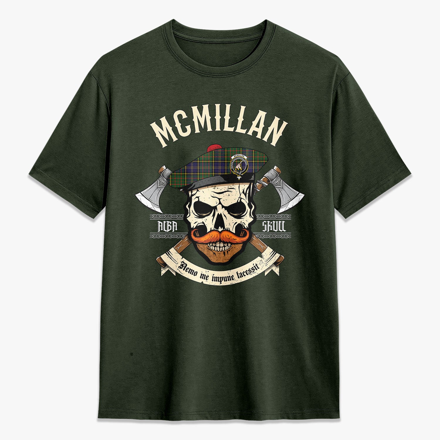 McMillan Hunting Modern Tartan Crest 2D T-shirt - Alba Skull Style