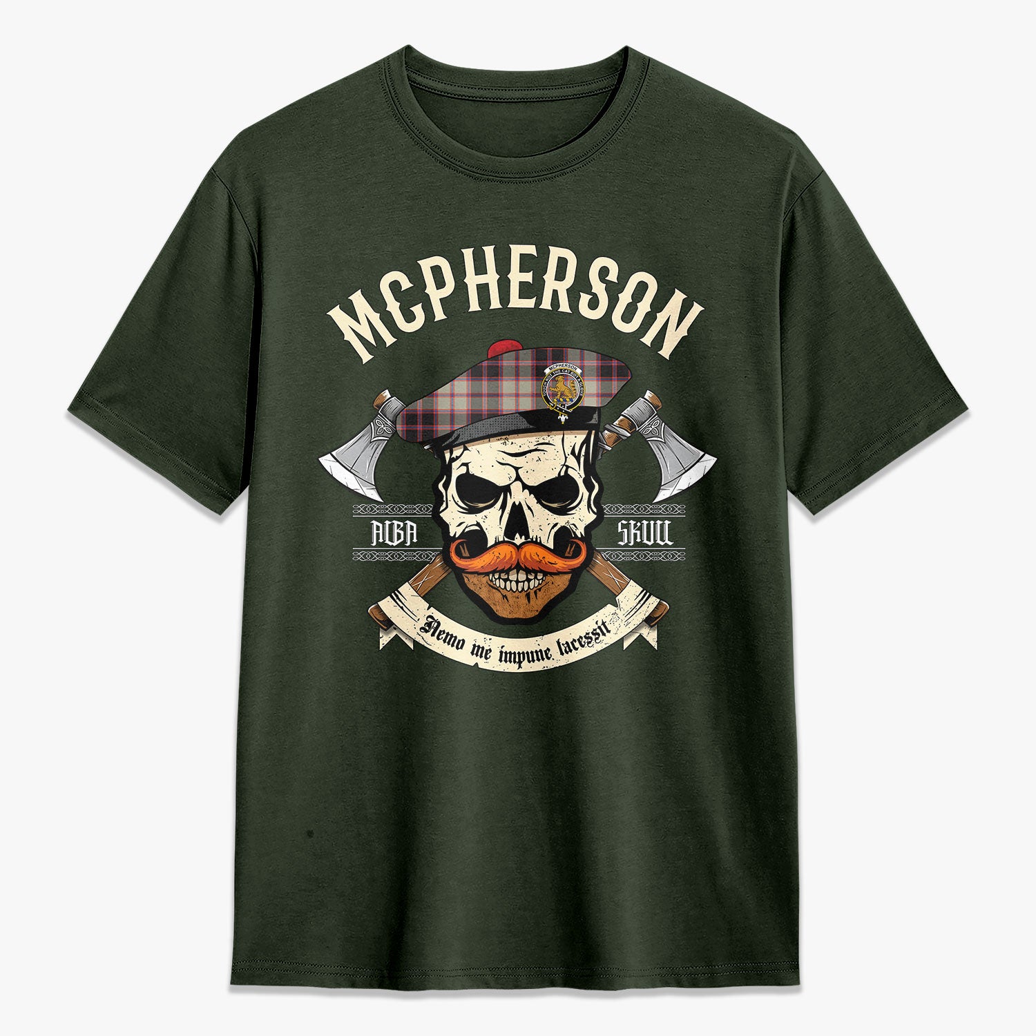 McPherson Hunting Ancient Tartan Crest 2D T-shirt - Alba Skull Style