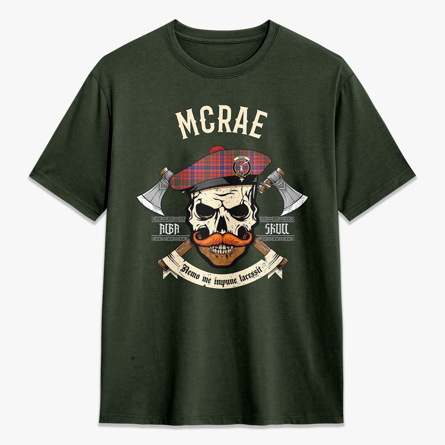 McRae Ancient Tartan Crest 2D T-shirt - Alba Skull Style