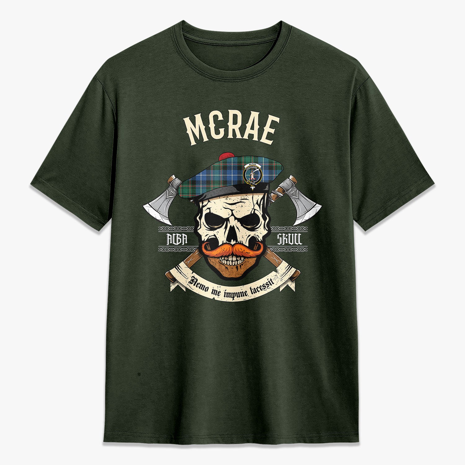 McRae Hunting Ancient Tartan Crest 2D T-shirt - Alba Skull Style