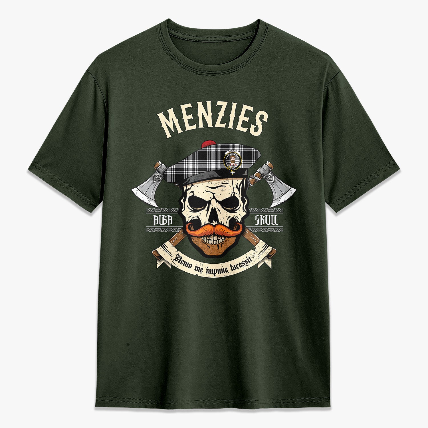 Menzies Black - White Modern Tartan Crest 2D T-shirt - Alba Skull Style