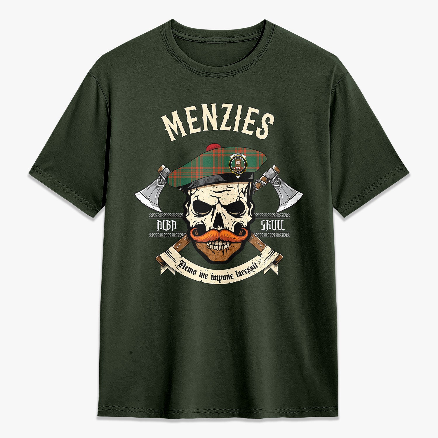 Menzies Green Ancient Tartan Crest 2D T-shirt - Alba Skull Style