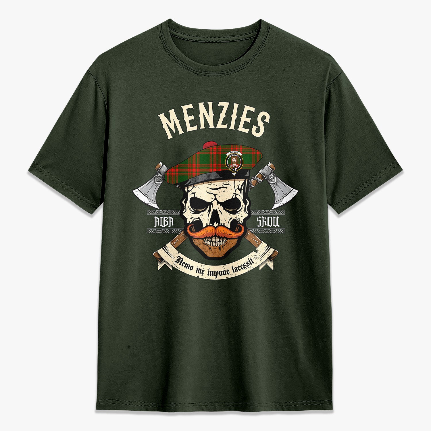 Menzies Green Modern Tartan Crest 2D T-shirt - Alba Skull Style