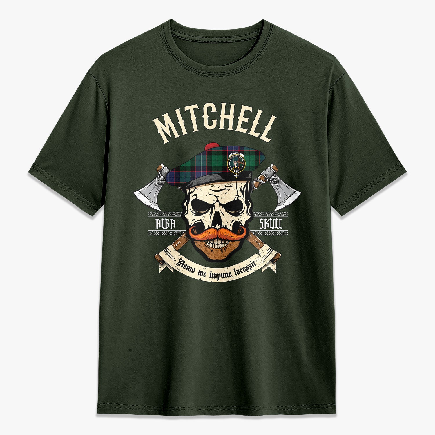 Mitchell Modern Tartan Crest 2D T-shirt - Alba Skull Style