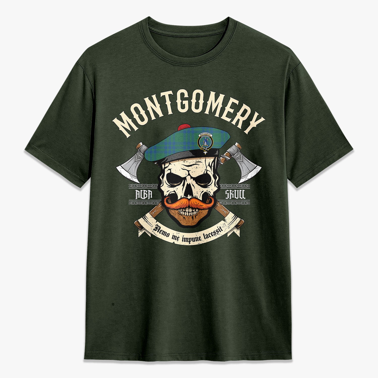 Montgomery Ancient Tartan Crest 2D T-shirt - Alba Skull Style