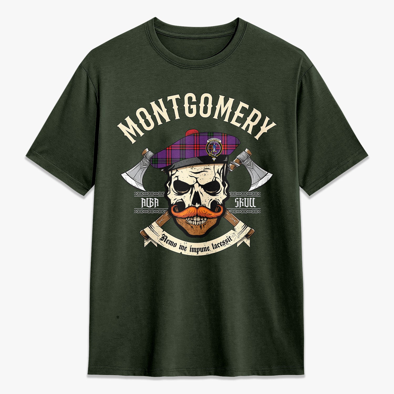 Montgomery Modern Tartan Crest 2D T-shirt - Alba Skull Style