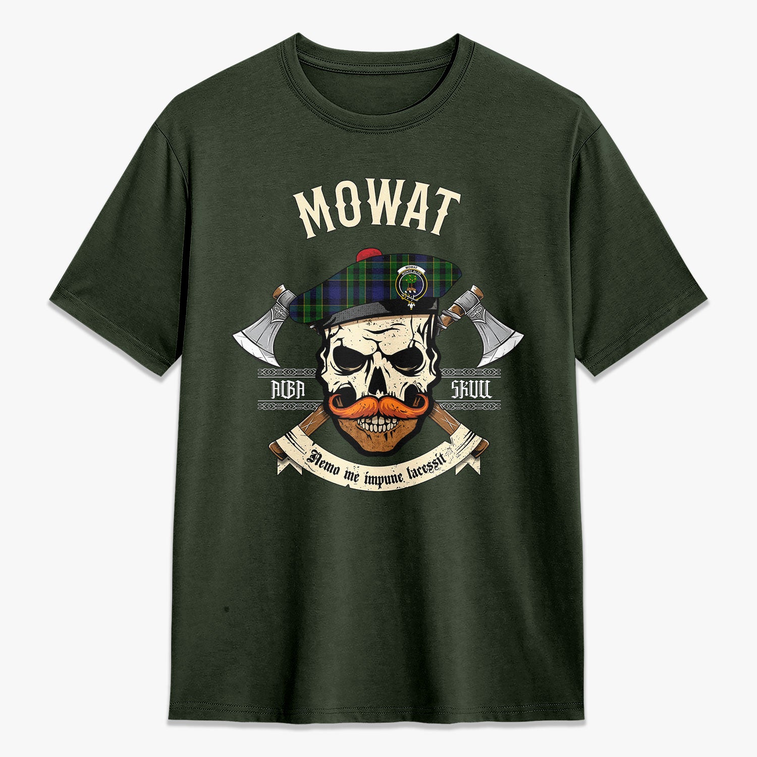 Mowat Modern Tartan Crest 2D T-shirt - Alba Skull Style