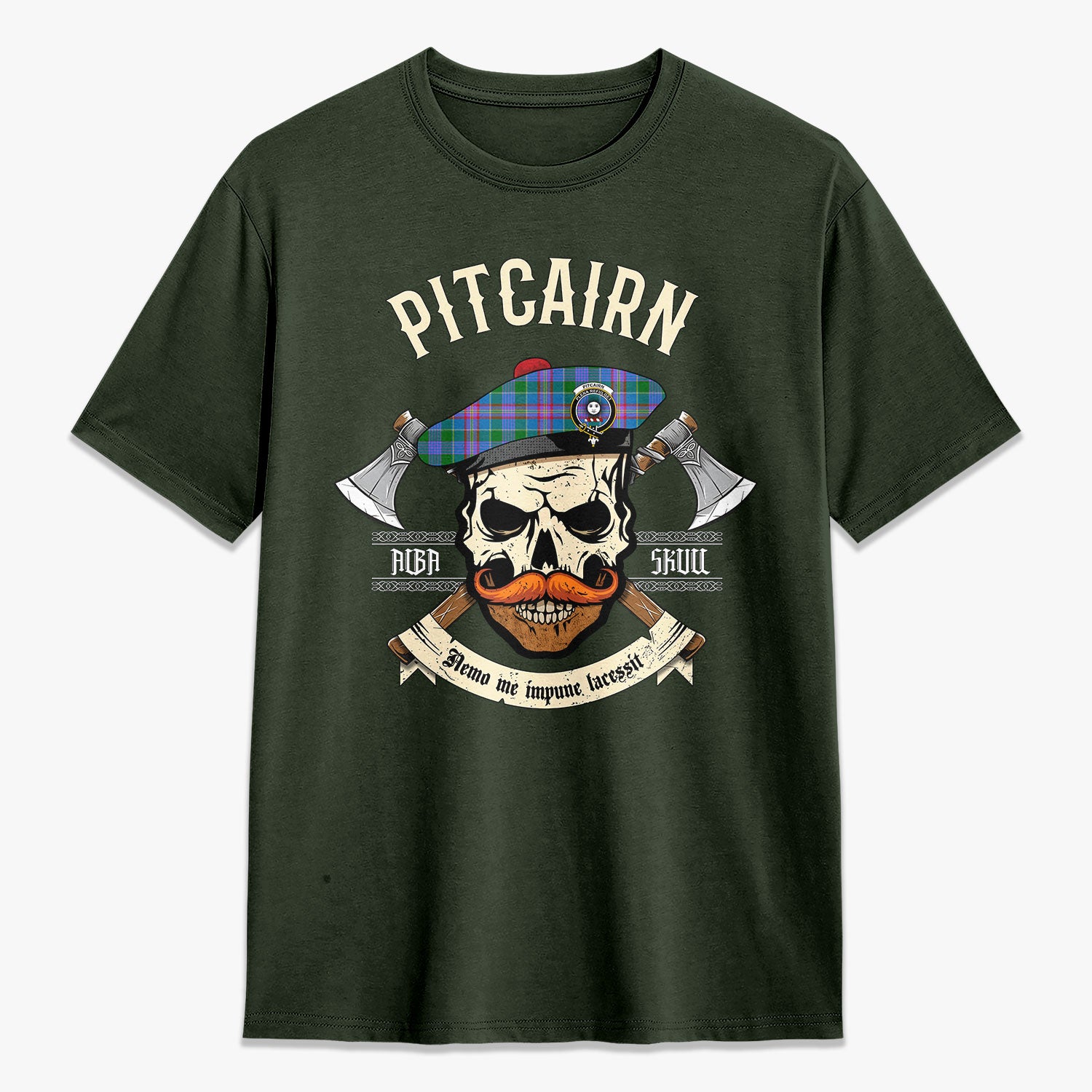 Pitcairn Hunting Tartan Crest 2D T-shirt - Alba Skull Style