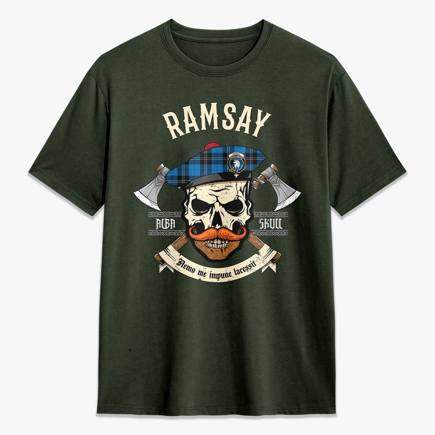 Ramsay Blue Ancient Tartan Crest 2D T-shirt - Alba Skull Style