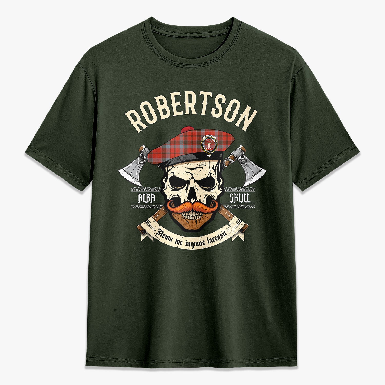 Robertson Weathered Tartan Crest 2D T-shirt - Alba Skull Style