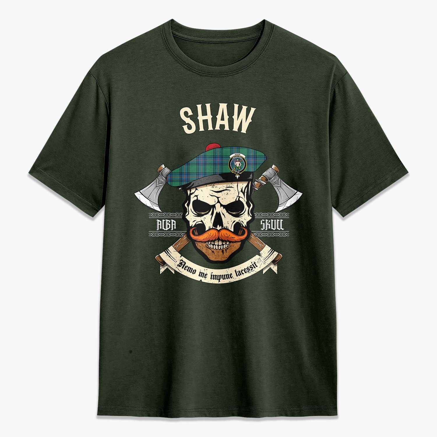 Shaw (of Sauchie) Ancient Tartan Crest 2D T-shirt - Alba Skull Style