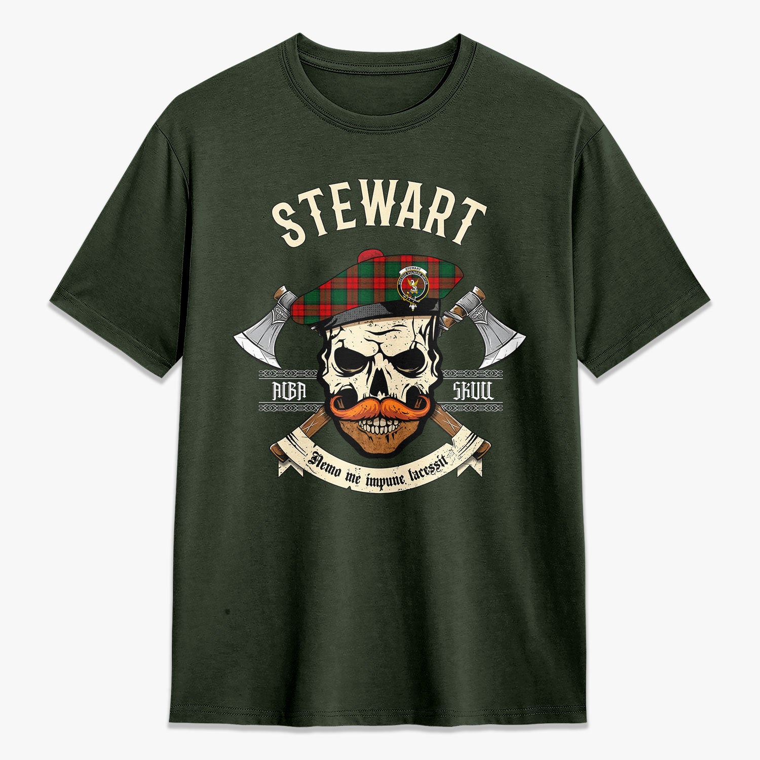 Stewart Atholl Modern Tartan Crest 2D T-shirt - Alba Skull Style