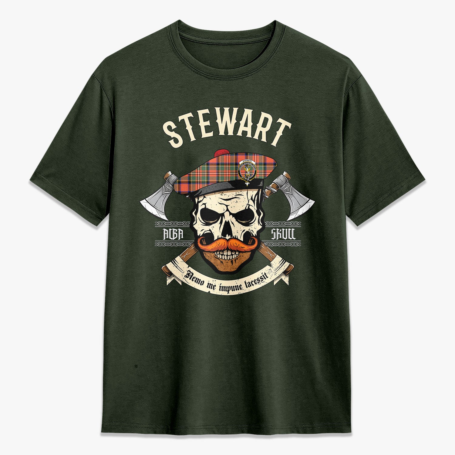 Stewart Royal Ancient Tartan Crest 2D T-shirt - Alba Skull Style