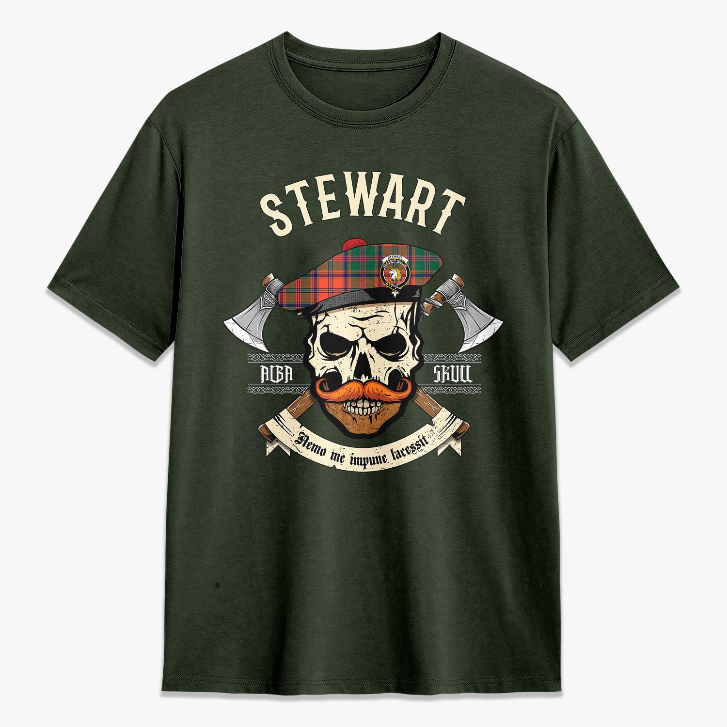 Stewart of Appin Ancient Tartan Crest 2D T-shirt - Alba Skull Style