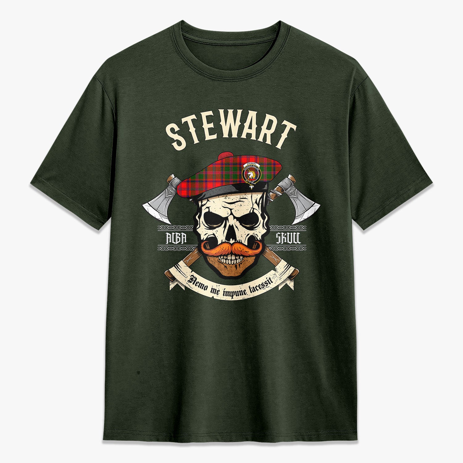 Stewart of Appin Modern Tartan Crest 2D T-shirt - Alba Skull Style