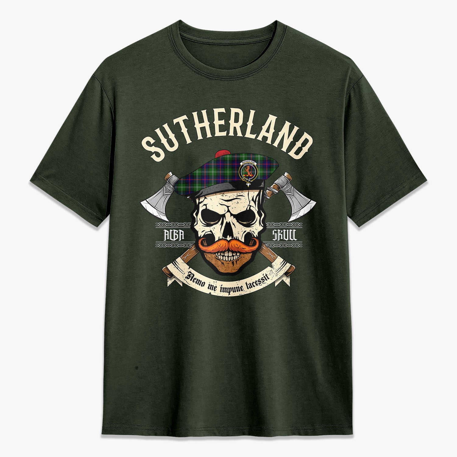 Sutherland Modern Tartan Crest 2D T-shirt - Alba Skull Style