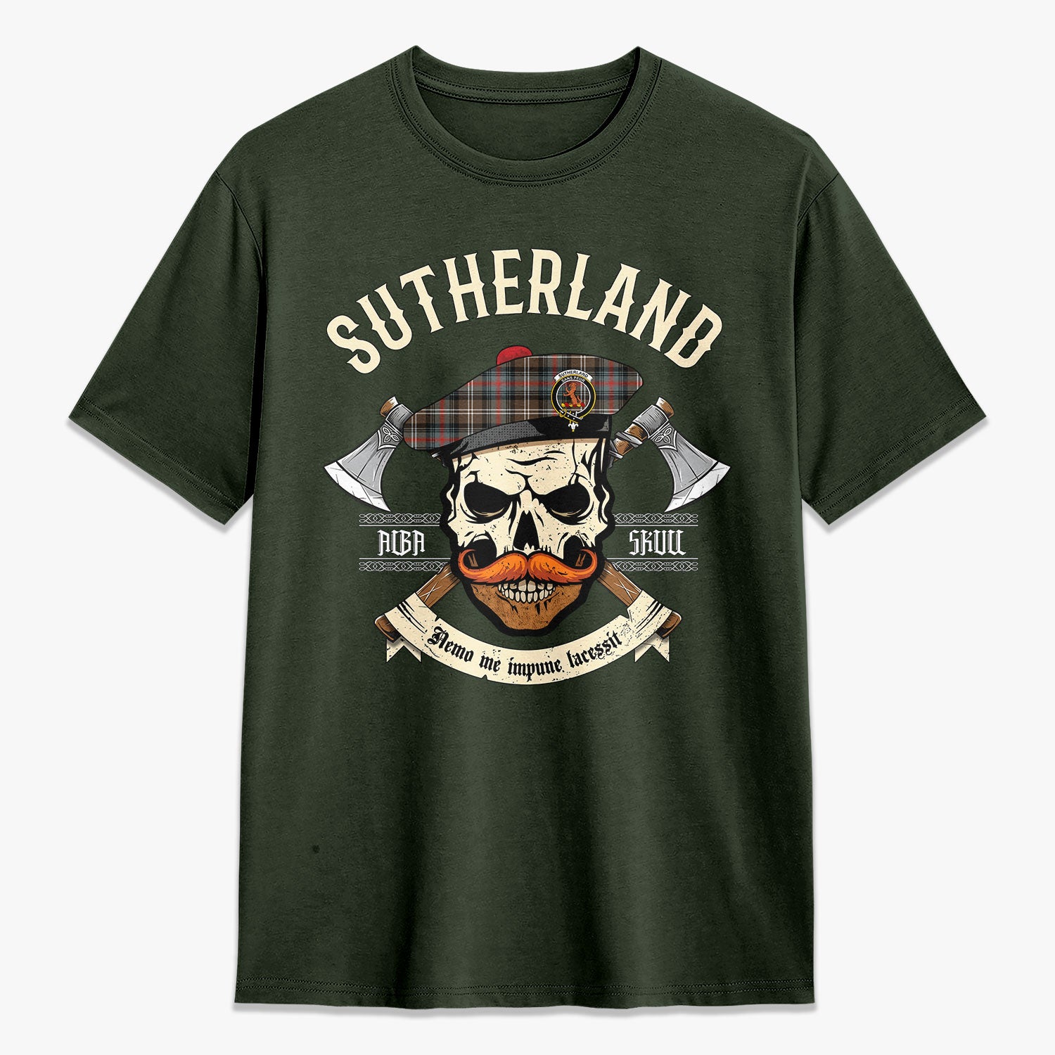 Sutherland Weathered Tartan Crest 2D T-shirt - Alba Skull Style