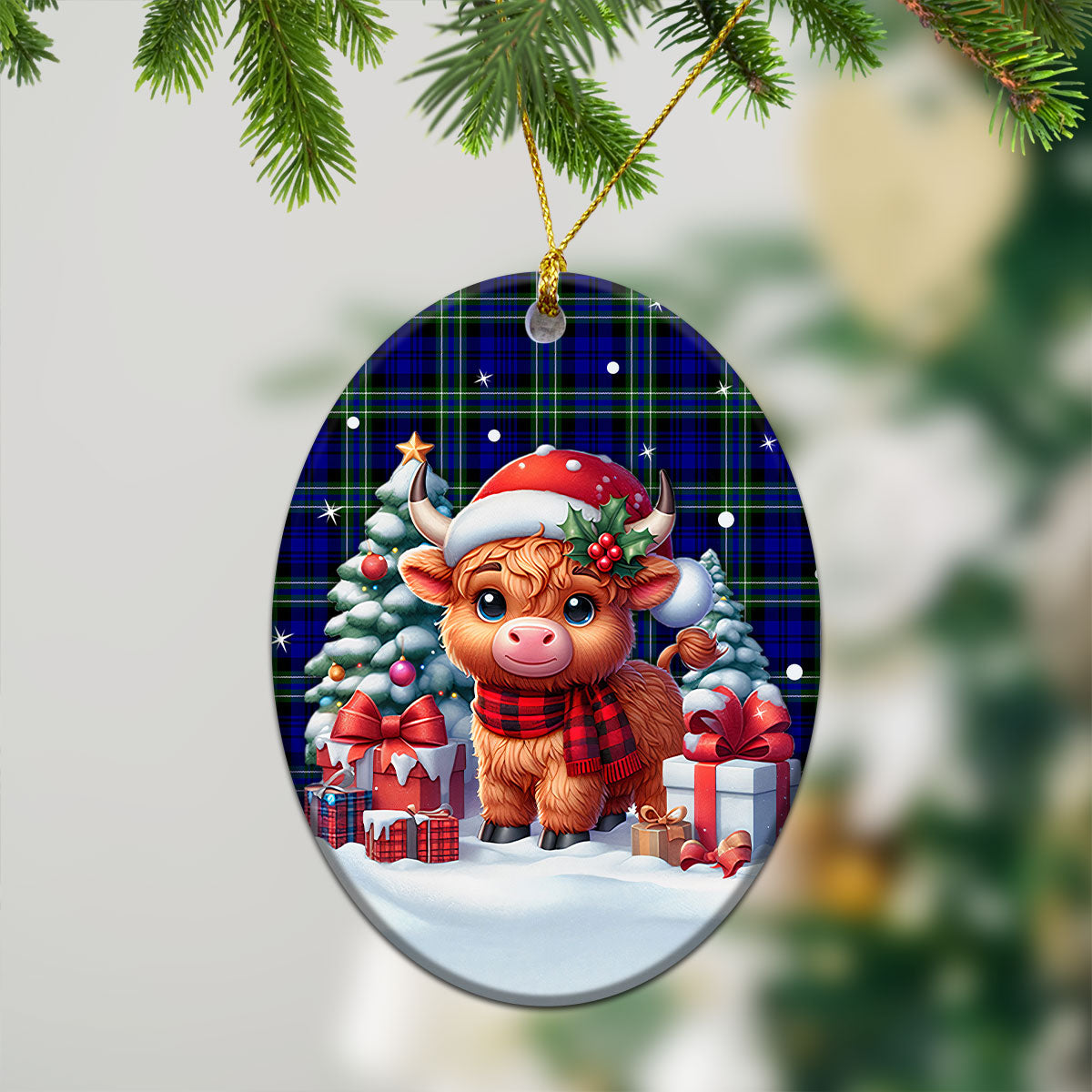 Arbuthnot Modern Tartan Christmas Ceramic Ornament - Highland Cow Winter Style