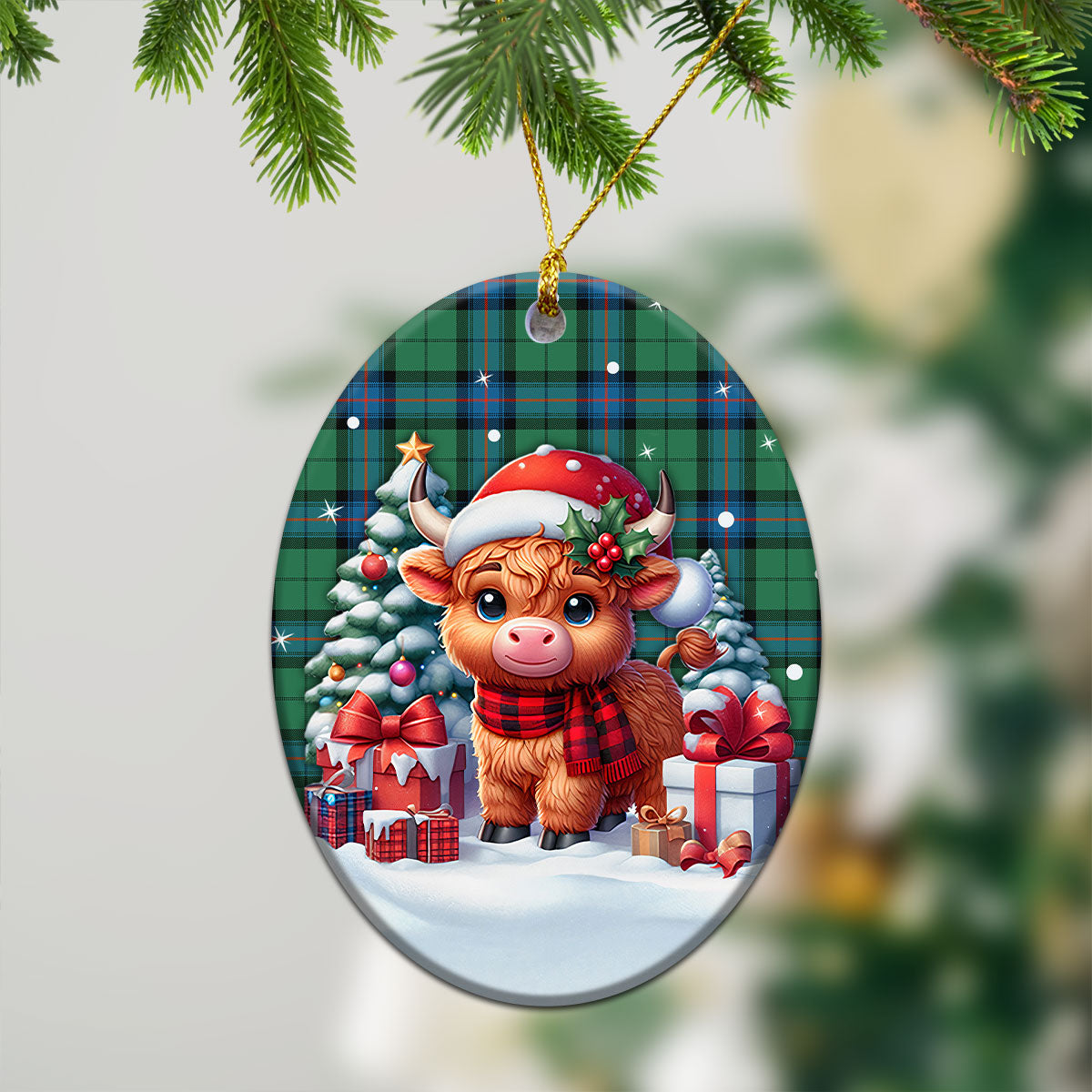 Armstrong Ancient Tartan Christmas Ceramic Ornament - Highland Cow Winter Style