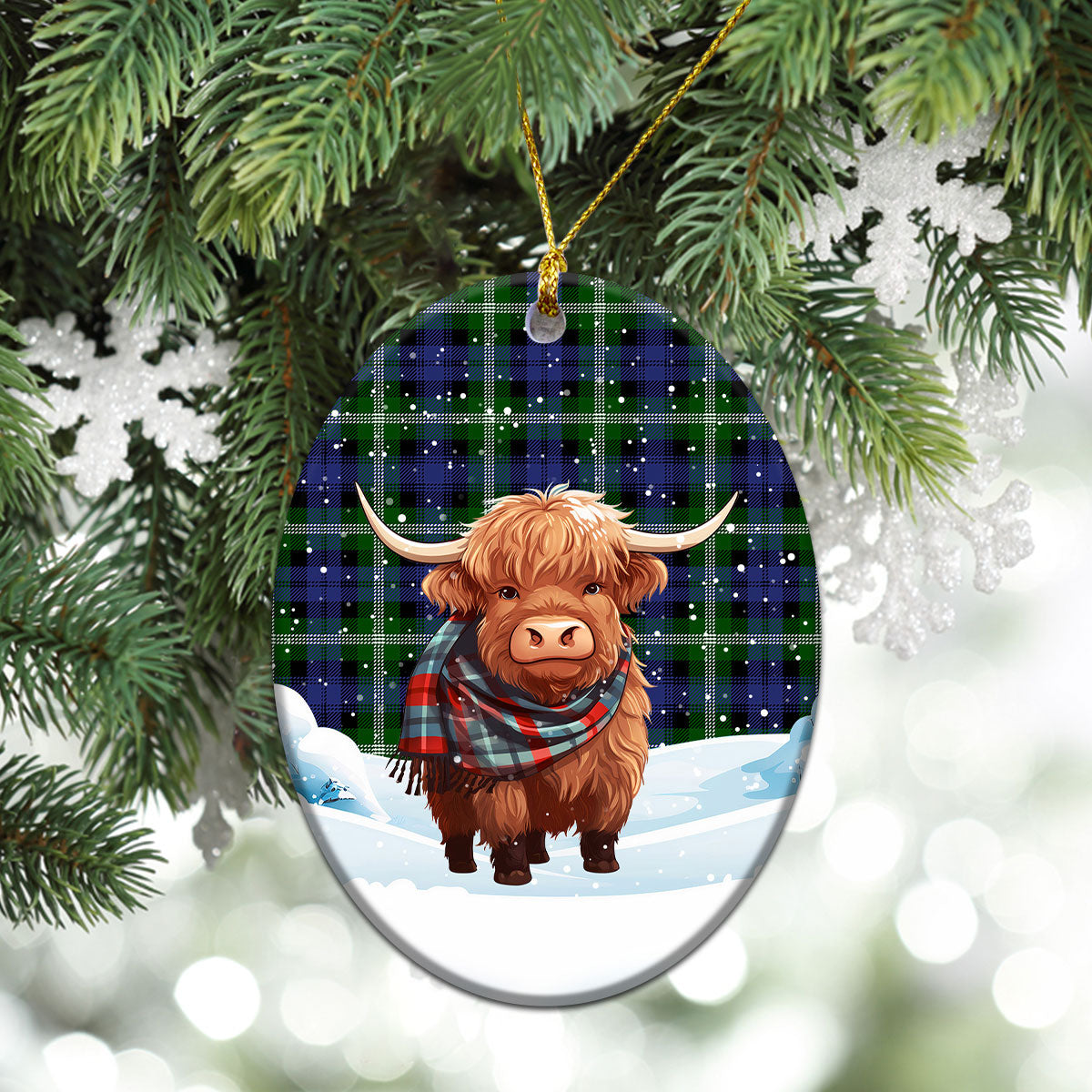 Baillie Modern Tartan Christmas Ceramic Ornament - Highland Cows Snow Style