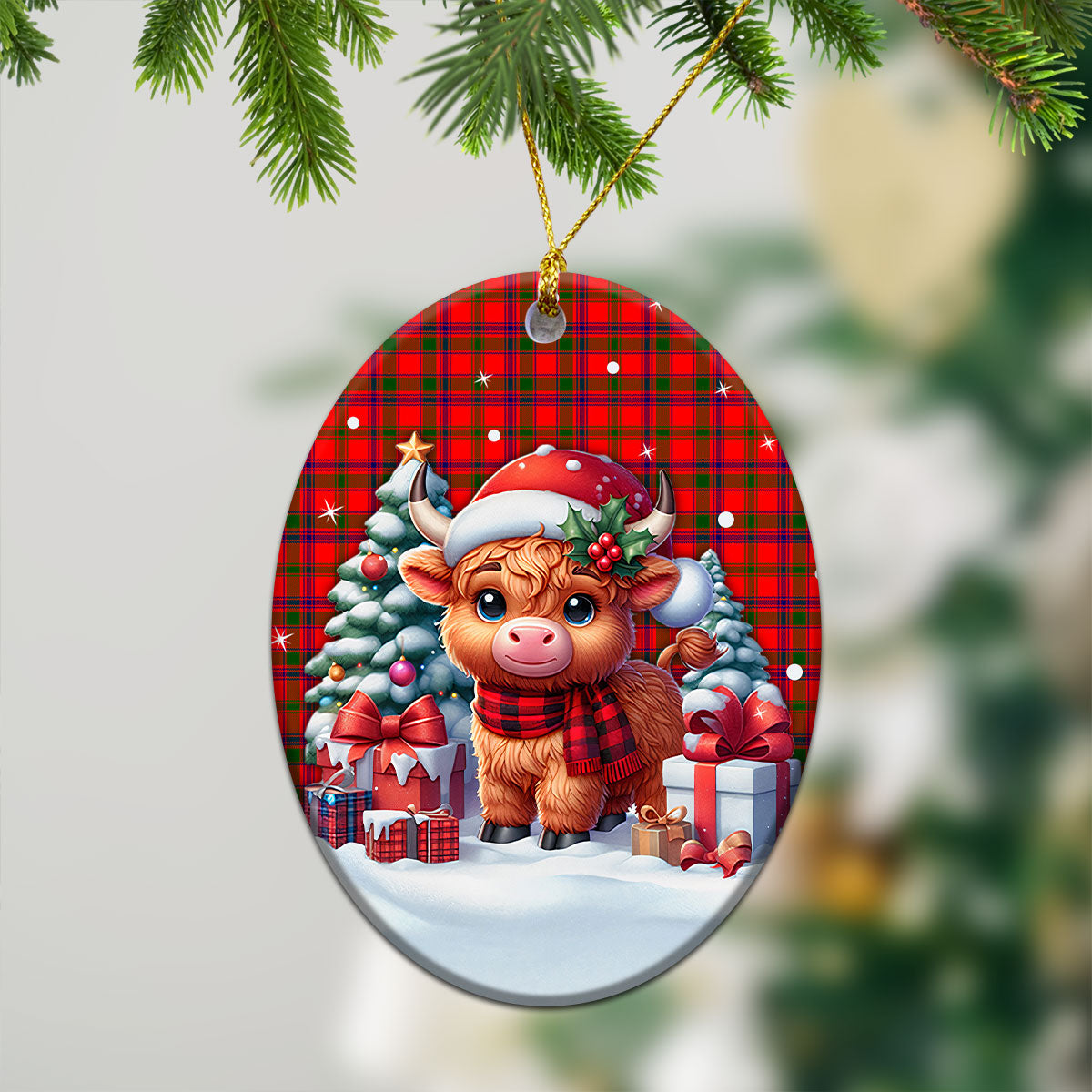 Bain Tartan Christmas Ceramic Ornament - Highland Cow Winter Style