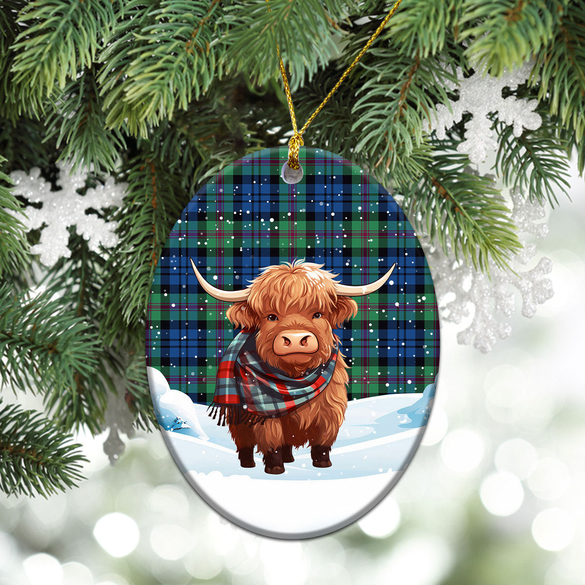 Baird Ancient Tartan Christmas Ceramic Ornament - Highland Cows Snow Style