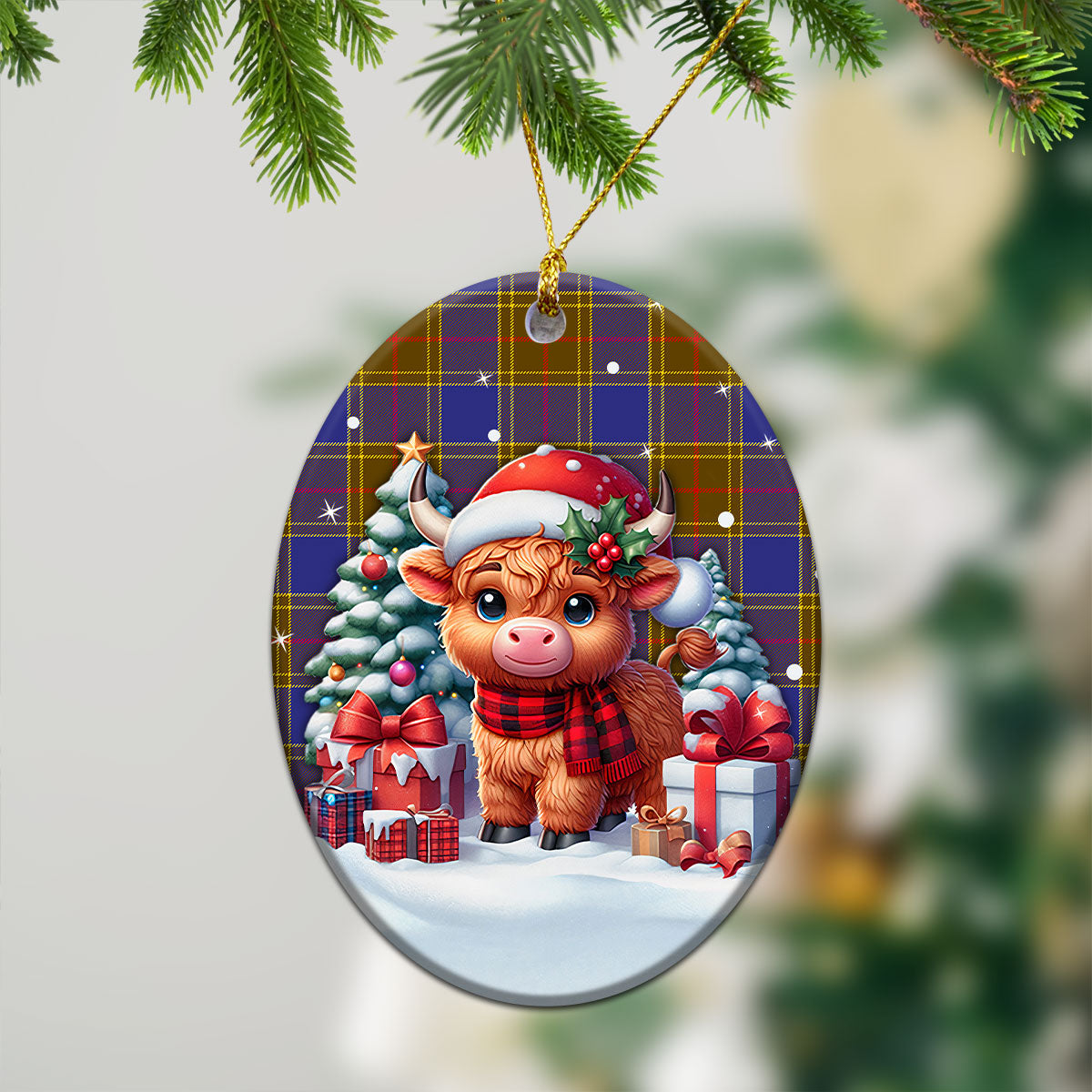 Balfour Modern Tartan Christmas Ceramic Ornament - Highland Cow Winter Style