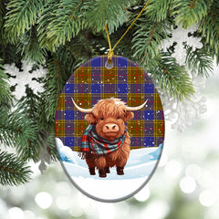 Balfour Modern Tartan Christmas Ceramic Ornament - Highland Cows Snow Style