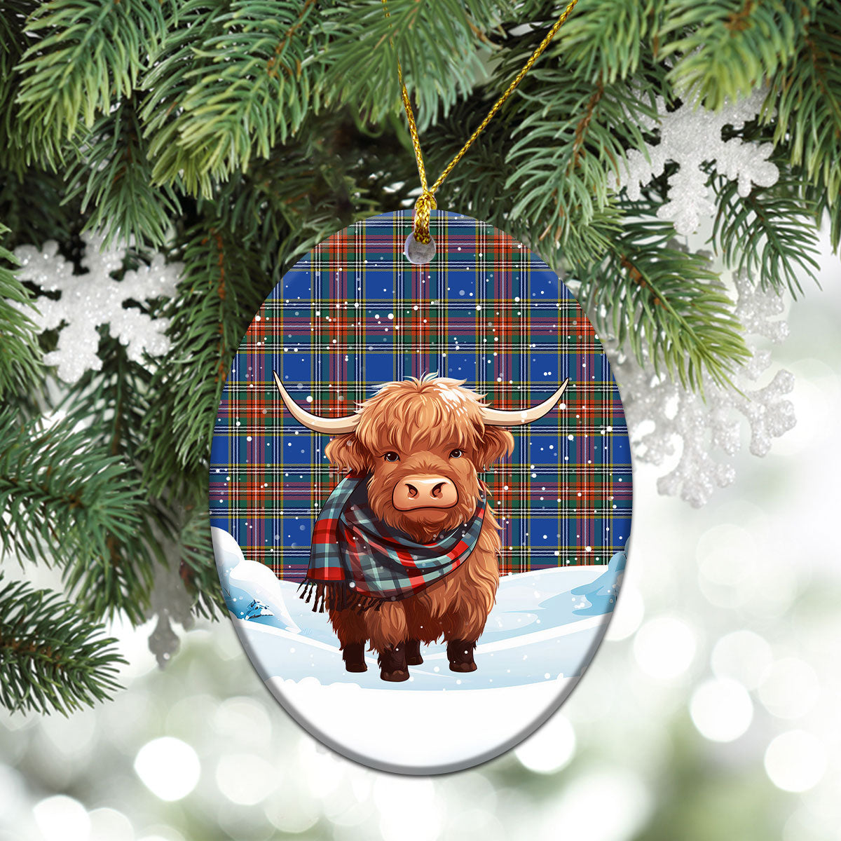 Beaton Ancient Tartan Christmas Ceramic Ornament - Highland Cows Snow Style