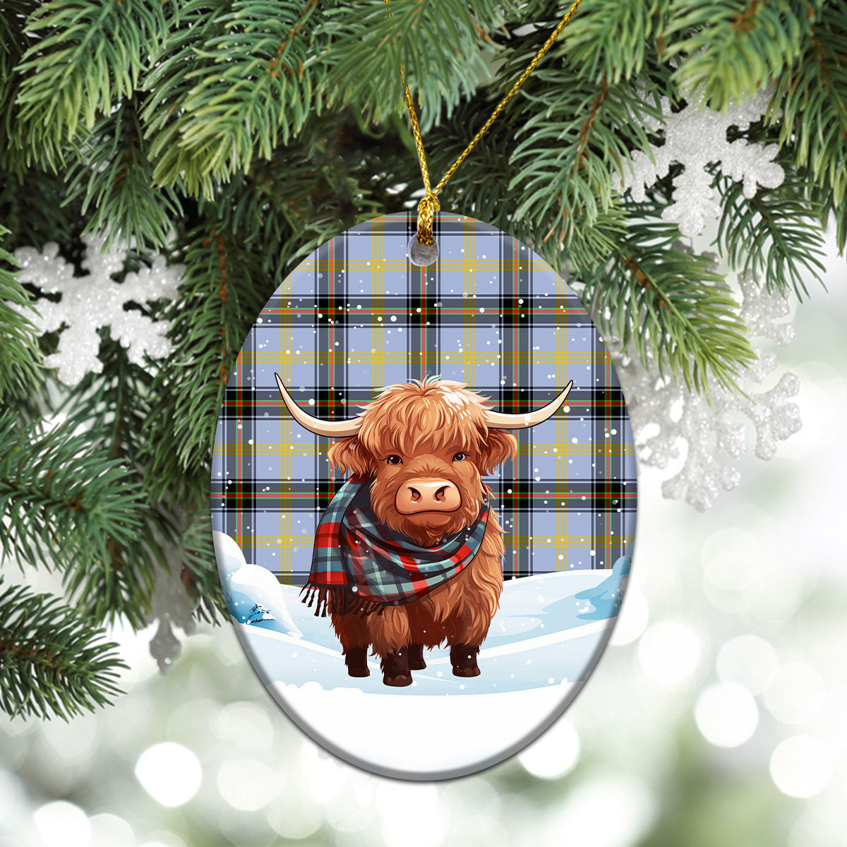 Bell of the Borders Tartan Christmas Ceramic Ornament - Highland Cows Snow Style