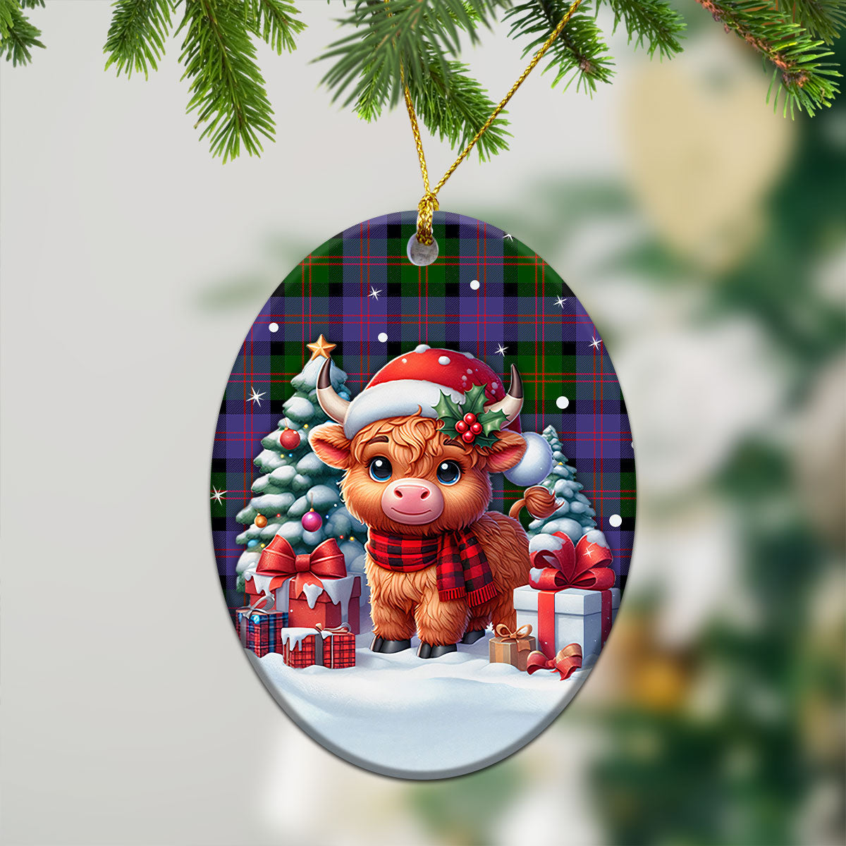 Blair Modern Tartan Christmas Ceramic Ornament - Highland Cow Winter Style