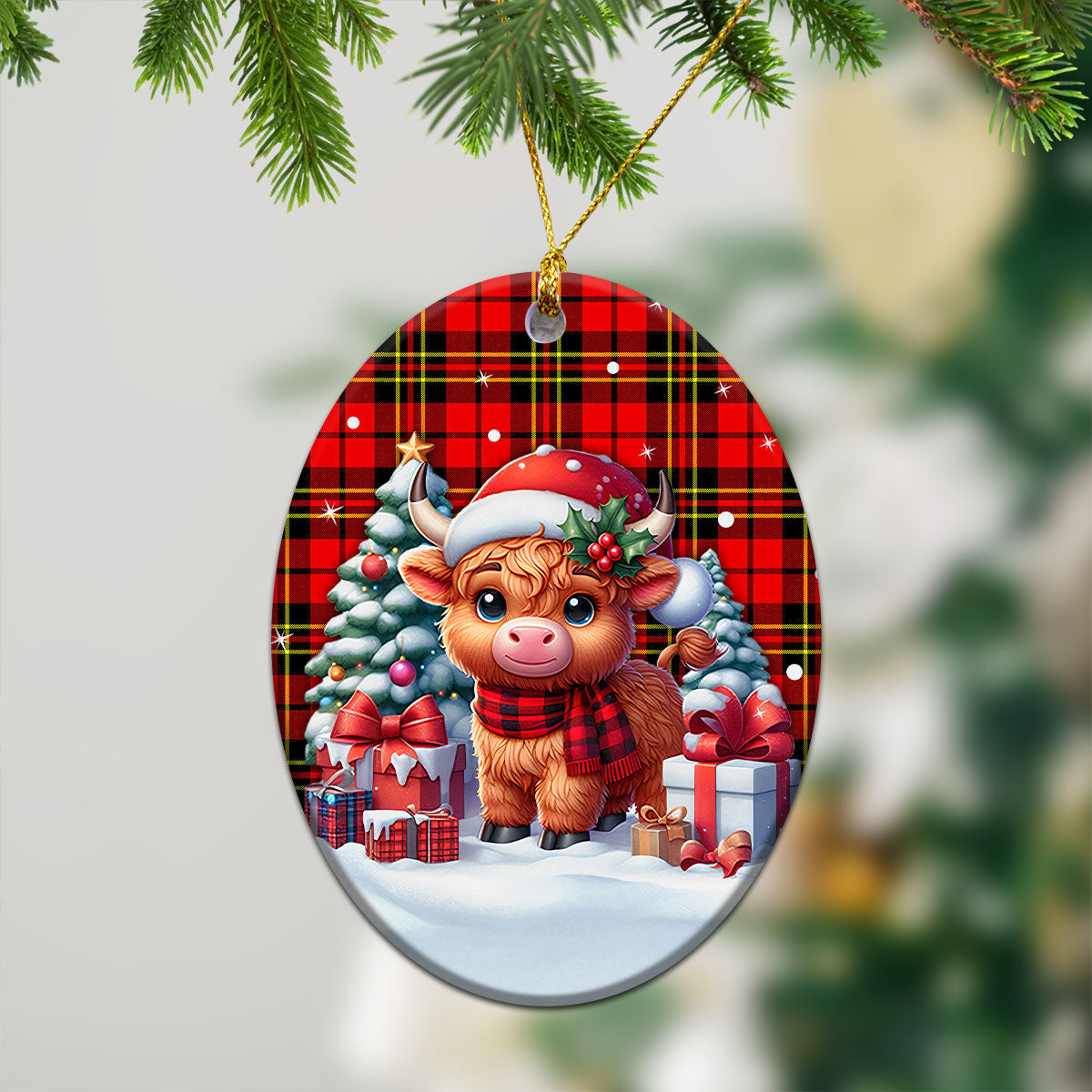 Brodie Modern Tartan Christmas Ceramic Ornament - Highland Cow Winter Style