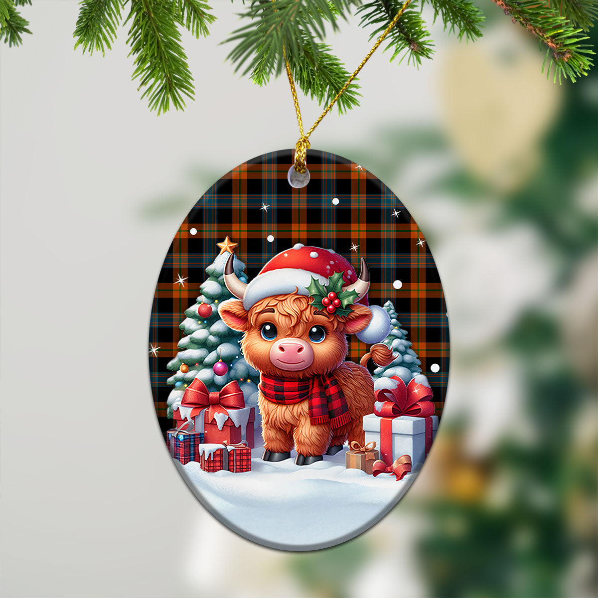 Broun Ancient Tartan Christmas Ceramic Ornament - Highland Cow Winter Style