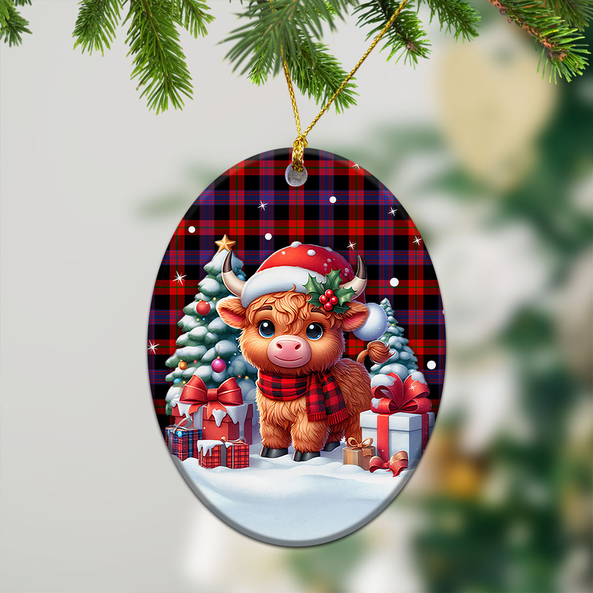 Broun Modern Tartan Christmas Ceramic Ornament - Highland Cow Winter Style