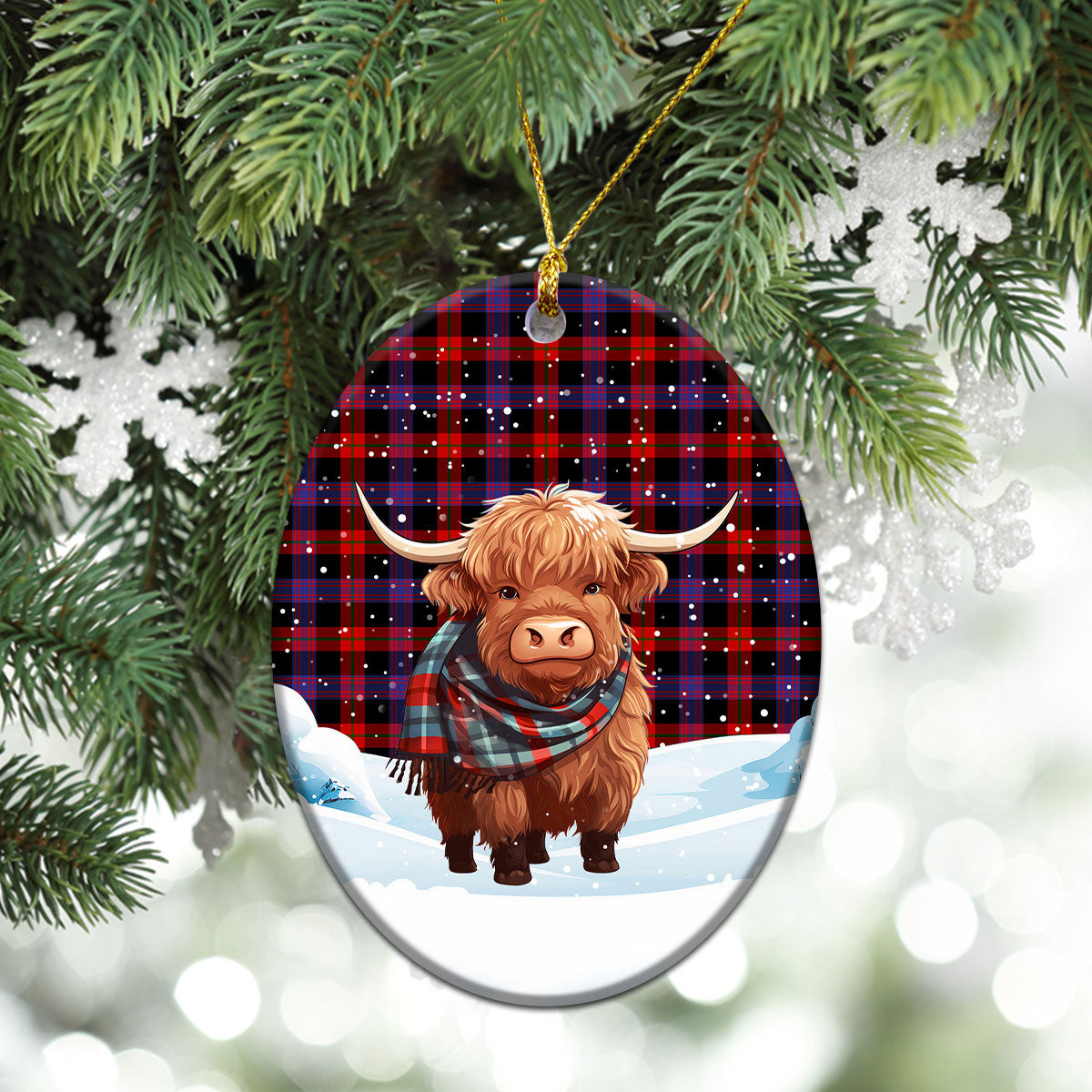 Brown Modern Tartan Christmas Ceramic Ornament - Highland Cows Snow Style