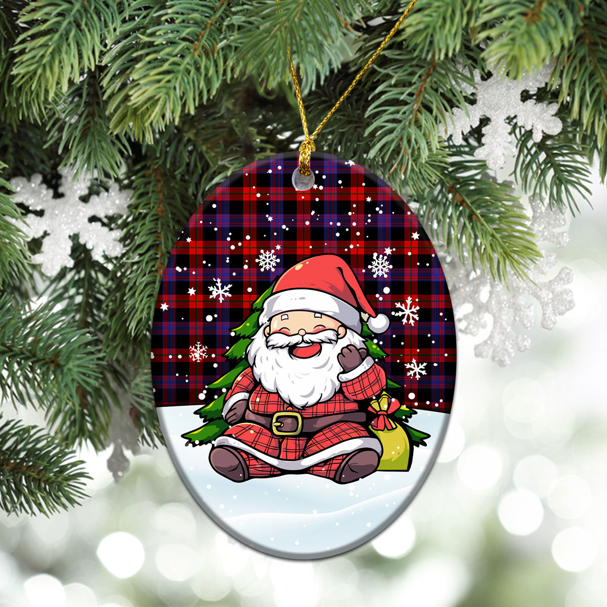 Brown Modern Tartan Christmas Ceramic Ornament - Scottish Santa Style