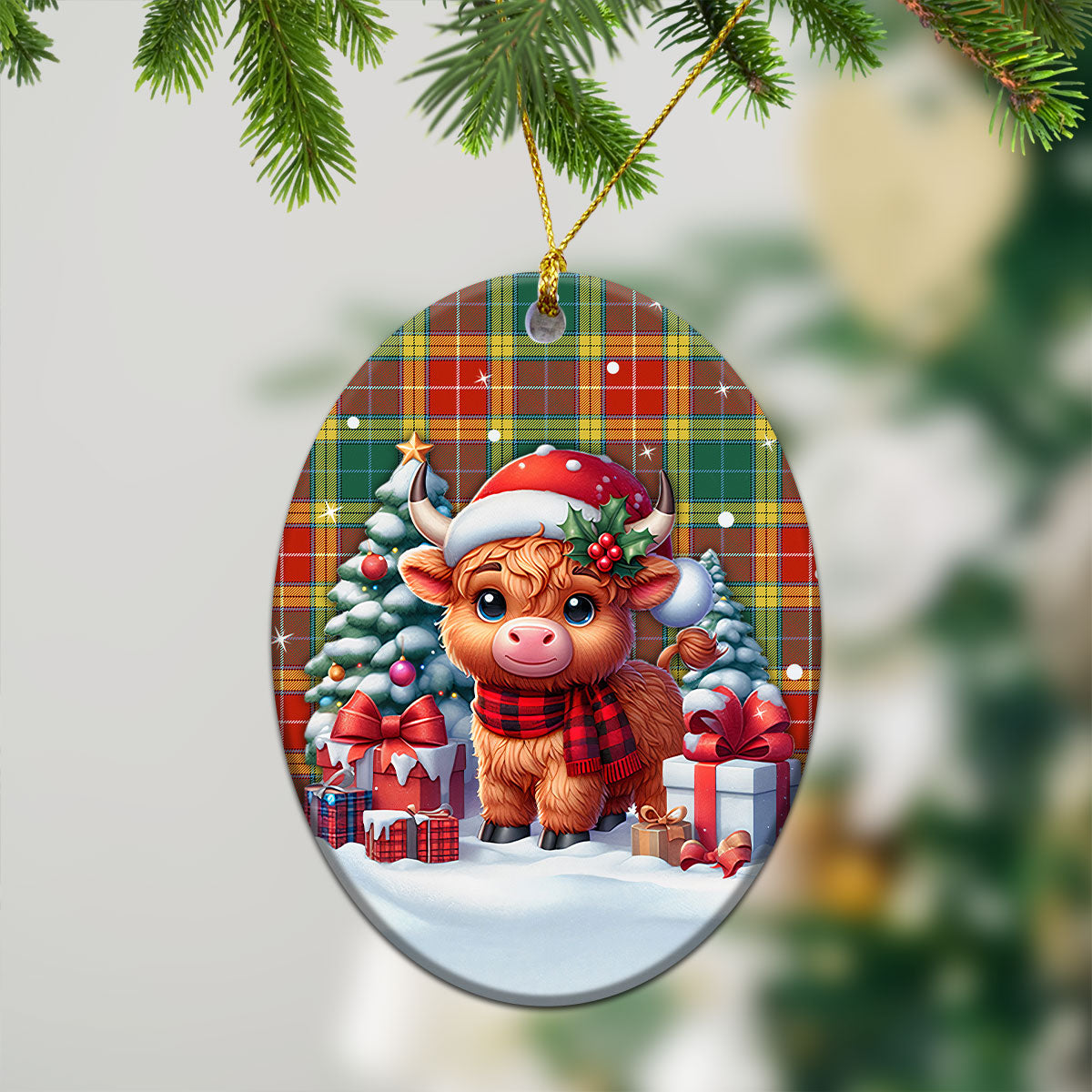 Buchanan Old Sett Tartan Christmas Ceramic Ornament - Highland Cow Winter Style